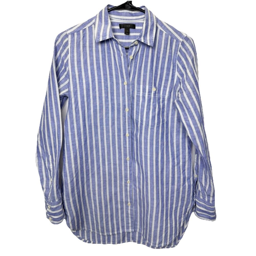 J.Crew Button Down Shirt Women’s Sz 0 Linen Blend Blue Stripe Coastal Boy Shirt